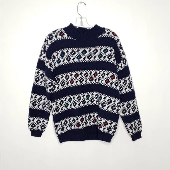 Vintage 80s Mock Neck Slouchy Sweater Cozy Navy Geometric Striped Medium - Picture 7 of 9